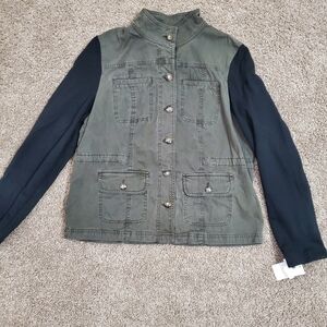 Caslon Green Black Womens Denim Button Down Cargo Jacket Large Fall   New withou